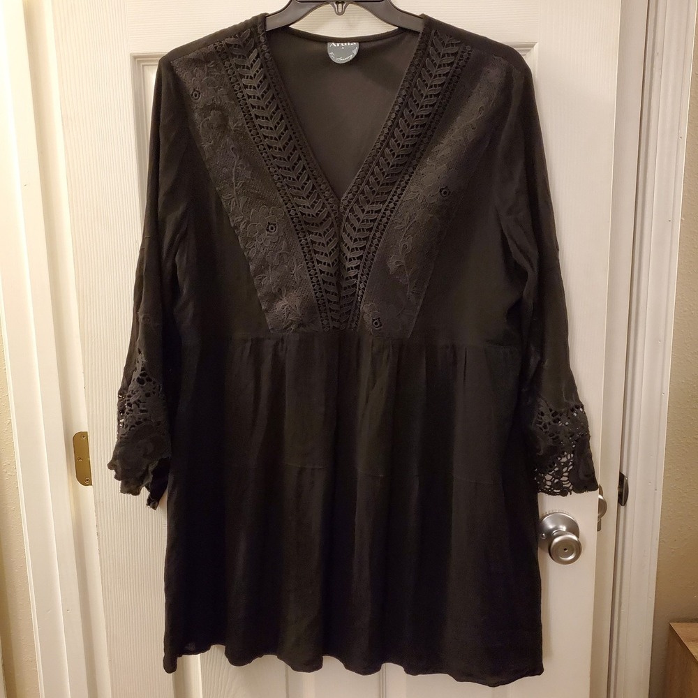 Arula sz A Black Gauze Lace Dress‎ Flowy Bell Slvs Boho Witchy Whimsigoth Vampy